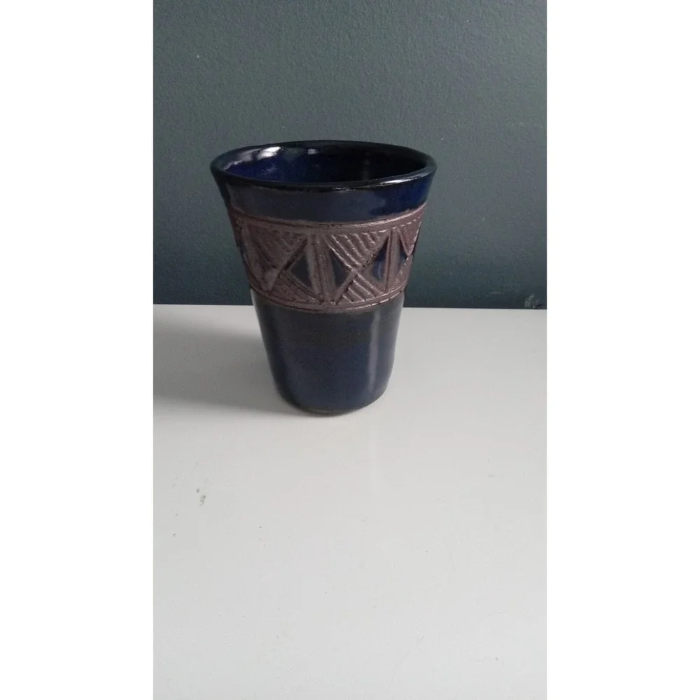 Artisan Pottery Vase Blue‎ Brown Geometric Design Decor Table Vase